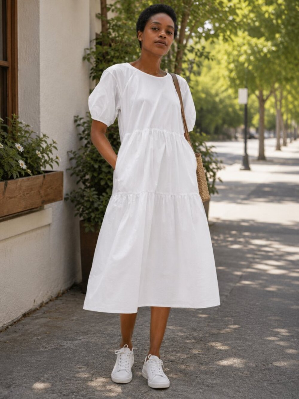 Everlane White Tiered Cotton Midi Dress Size 8